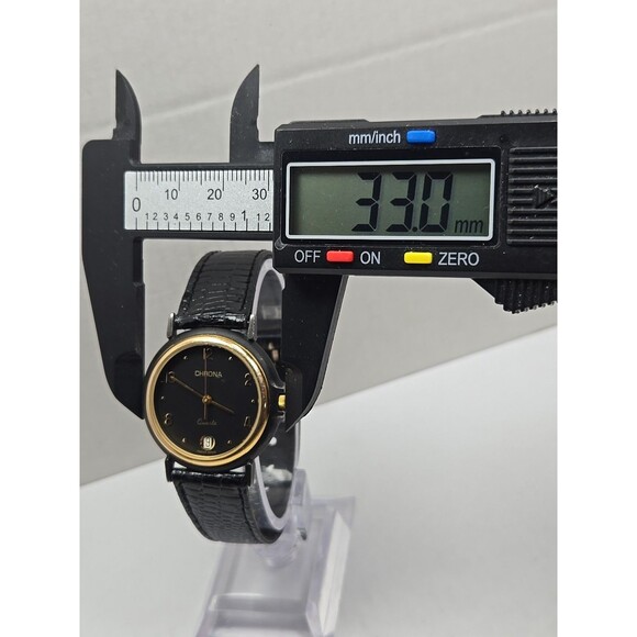 Vintage Womens Chrona Swiss Date 33mm Dress Watch New Battery Black Dial Leather main image 12